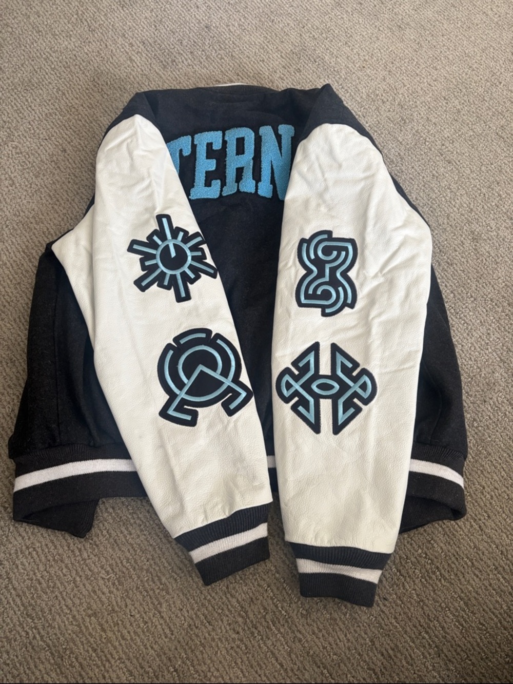 Black and White Varsity Jacket with Blue Appliqué - Picture 4 of 15